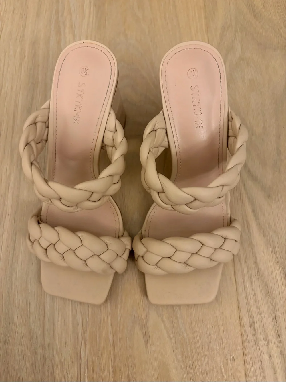 Khaki Braided Double-Strap Women's Slide Heel Sandals in Beige